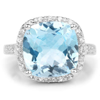 7.18 Carat Genuine Blue Topaz and White Topaz .925 Sterling Silver Ring