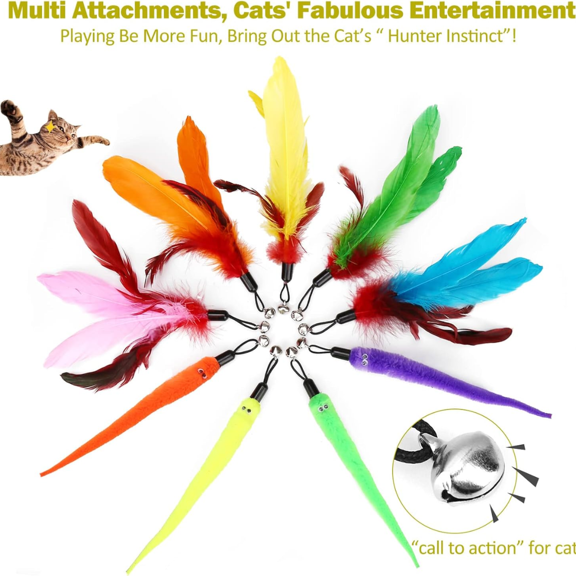 Cat Toys For Indoor Cats, Interactive Cat Toy 2PCS Retractable Wand Toy And 9PCS Cat Feather Toys Refills, Funny Kitten 