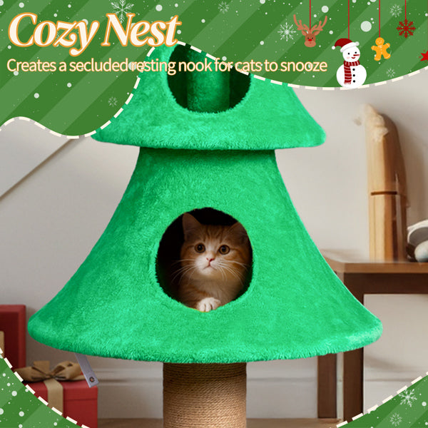 59in Large Tall Christmas Tree Cat Tower With 2 Cat Condos & Scratching Post, Soft Fleece Cat Tree With Teaser Toy & Stu