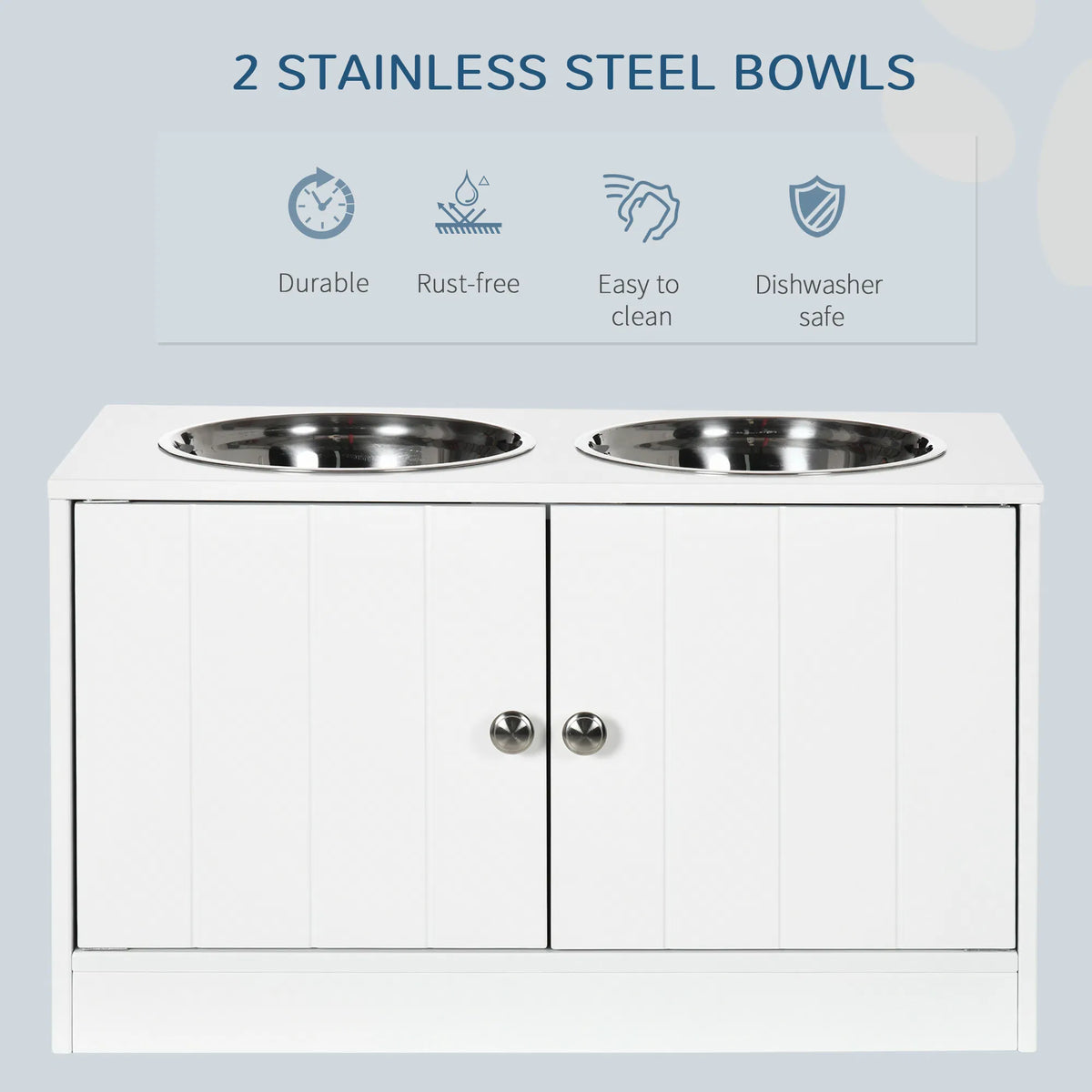 Elevated Dog Bowls for Large Dogs Pet Feeding Station with Stand, Storage, 2 Stainless Steel Food and Water Bowls, White