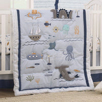 Explore Dream Discover Light Blue, Navy, Gray and Coral Ocean 4 Piece Nursery Crib Bedding Set - Comforter, 100% Cotton Fitted Crib Sheet, Crib Skirt and Nursery Organizer - BIG FRENCHIES