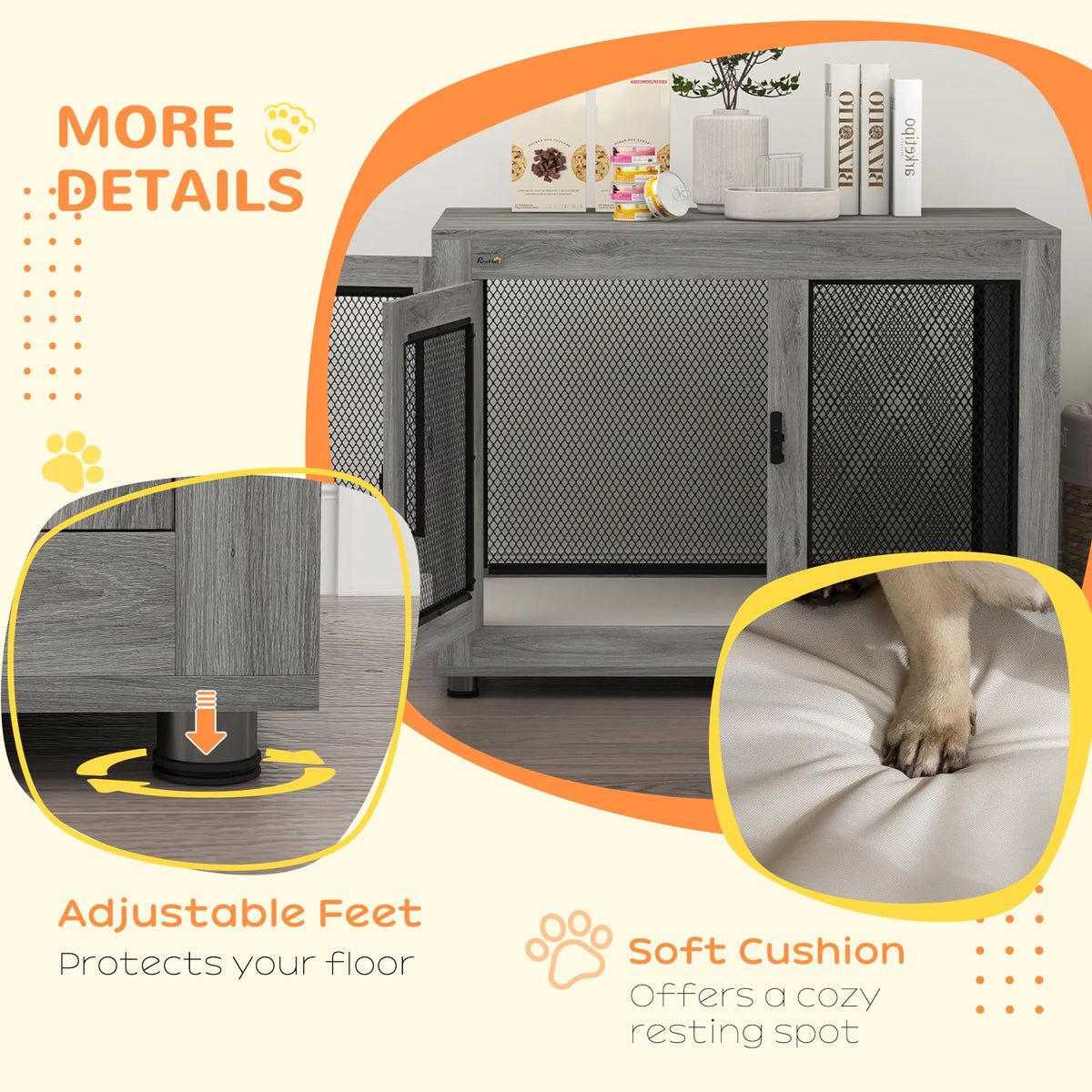 Pet Crate End Table with Water-resistant Cushion or Large Medium Dogs, Grey