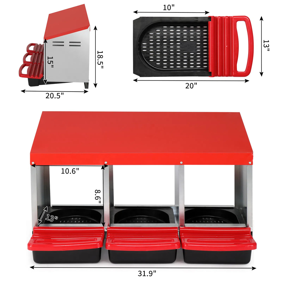 3 Compartment Roll Out Chicken Nesting Box with Plastic Basket, Egg Nest Box Chicken Laying Box Hens Chicken Coop Box, R