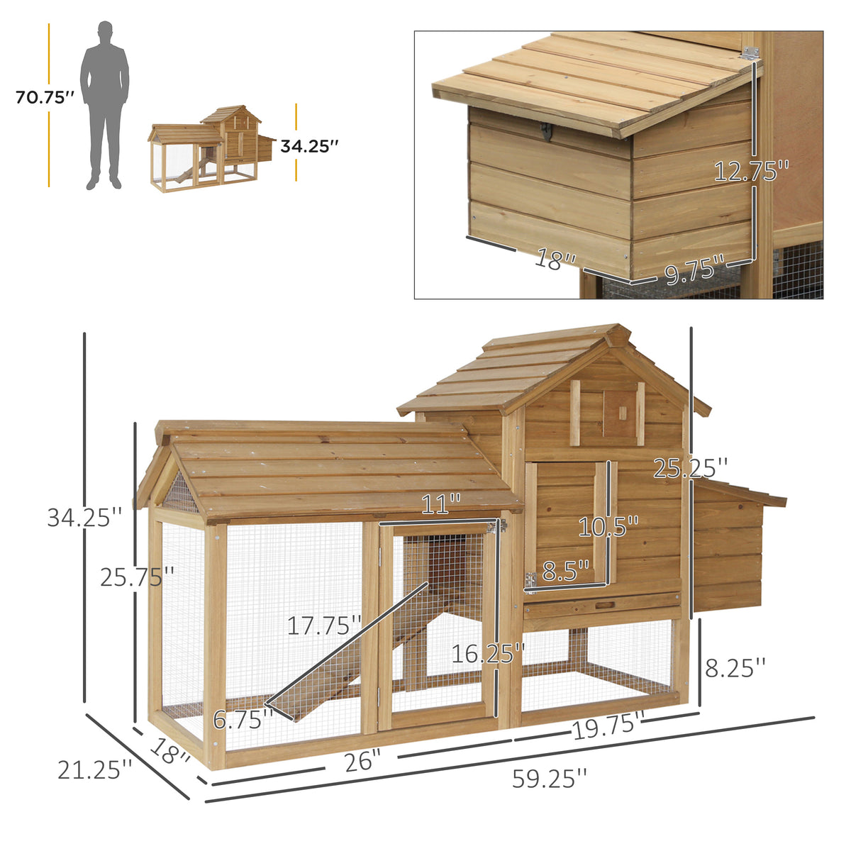 59" Small Wooden Chicken coop Hen House Poultry Cage for Outdoor Backyard with 2 Doors, Nesting Box and Removable Tray, 