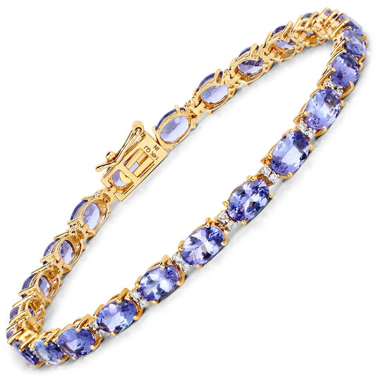10.87 Carat Genuine Tanzanite and White Diamond 14K Yellow Gold Bracelet