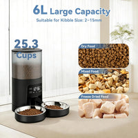 6L Automatic Cat Feeder for 2 Cats, Timed Cat Food Dispenser with 2 Stainless Bowls, 10s Voice Recorder, Dual Power Supp