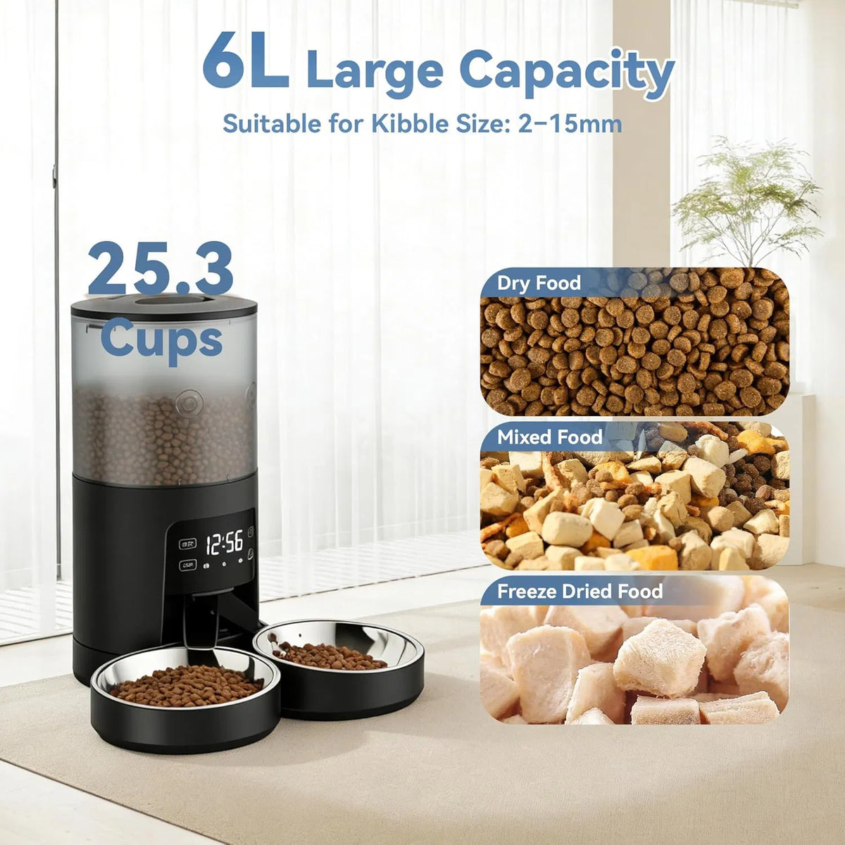 6L Automatic Cat Feeder for 2 Cats, Timed Cat Food Dispenser with 2 Stainless Bowls, 10s Voice Recorder, Dual Power Supp