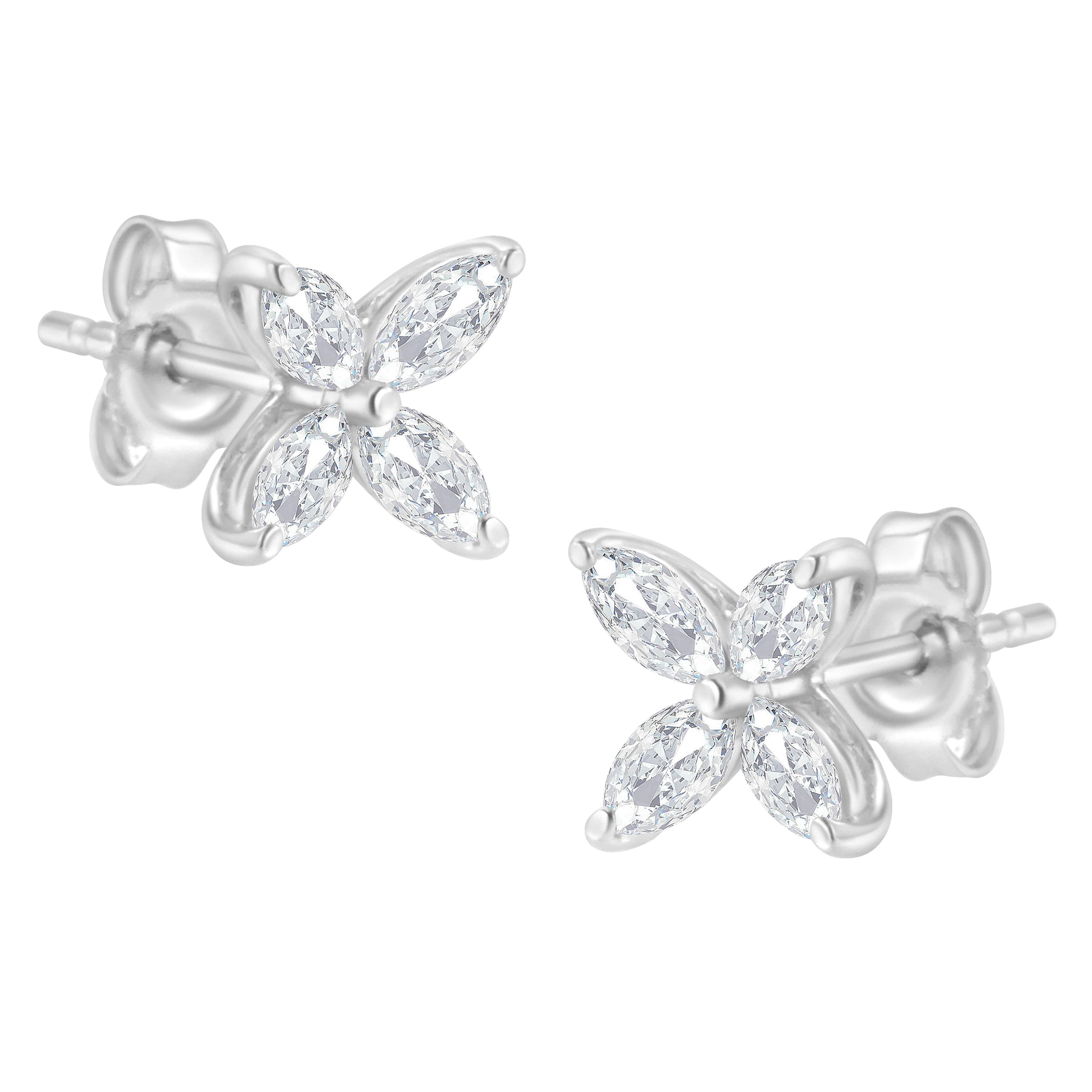 14K White Gold 1/2 Cttw Marquise Diamond 8 Stone Floral Leaf Stud Earrings (H-I Color, SI1-SI2 Clarity)