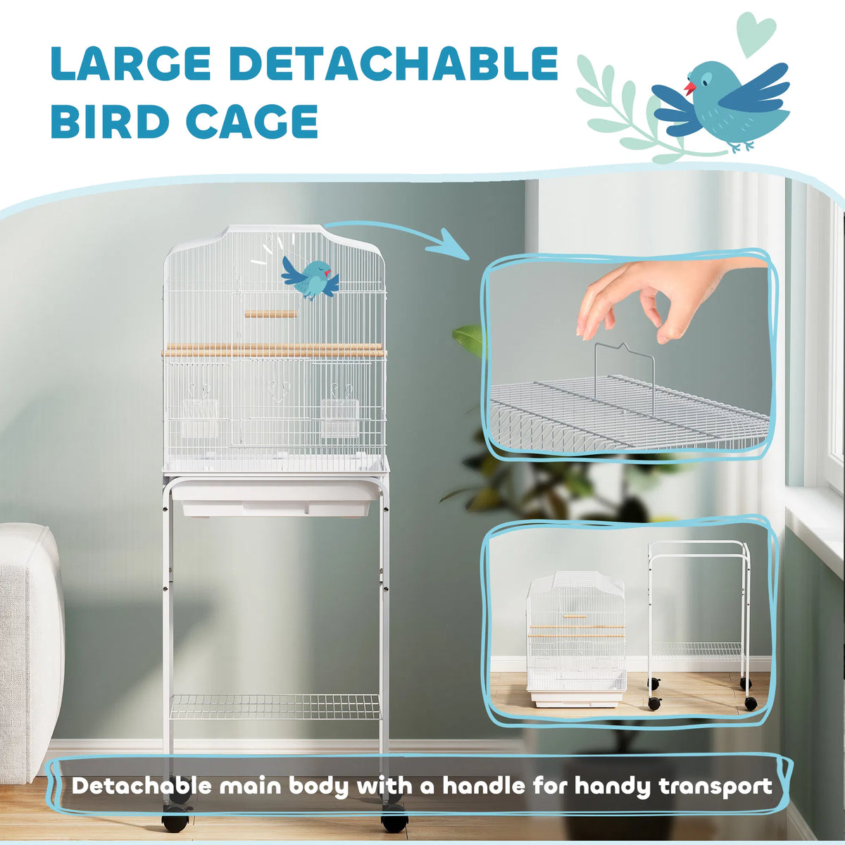 49" Rolling Bird Cage Cockatoo House Play Top Finch Pet Supply with Storage Shelf, Wheels - White