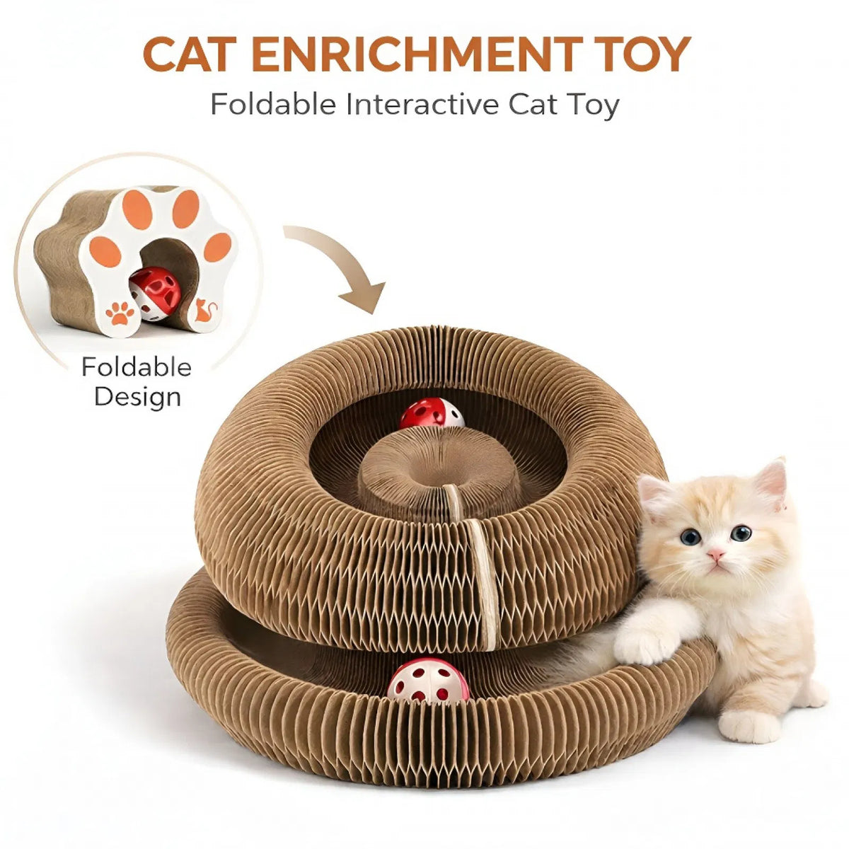 Kitty Curls Cat Toy - Foldable Accordion Cat Scratcher withBall - Magic Organ Cat Scratch Board for Interactive Play -Ca