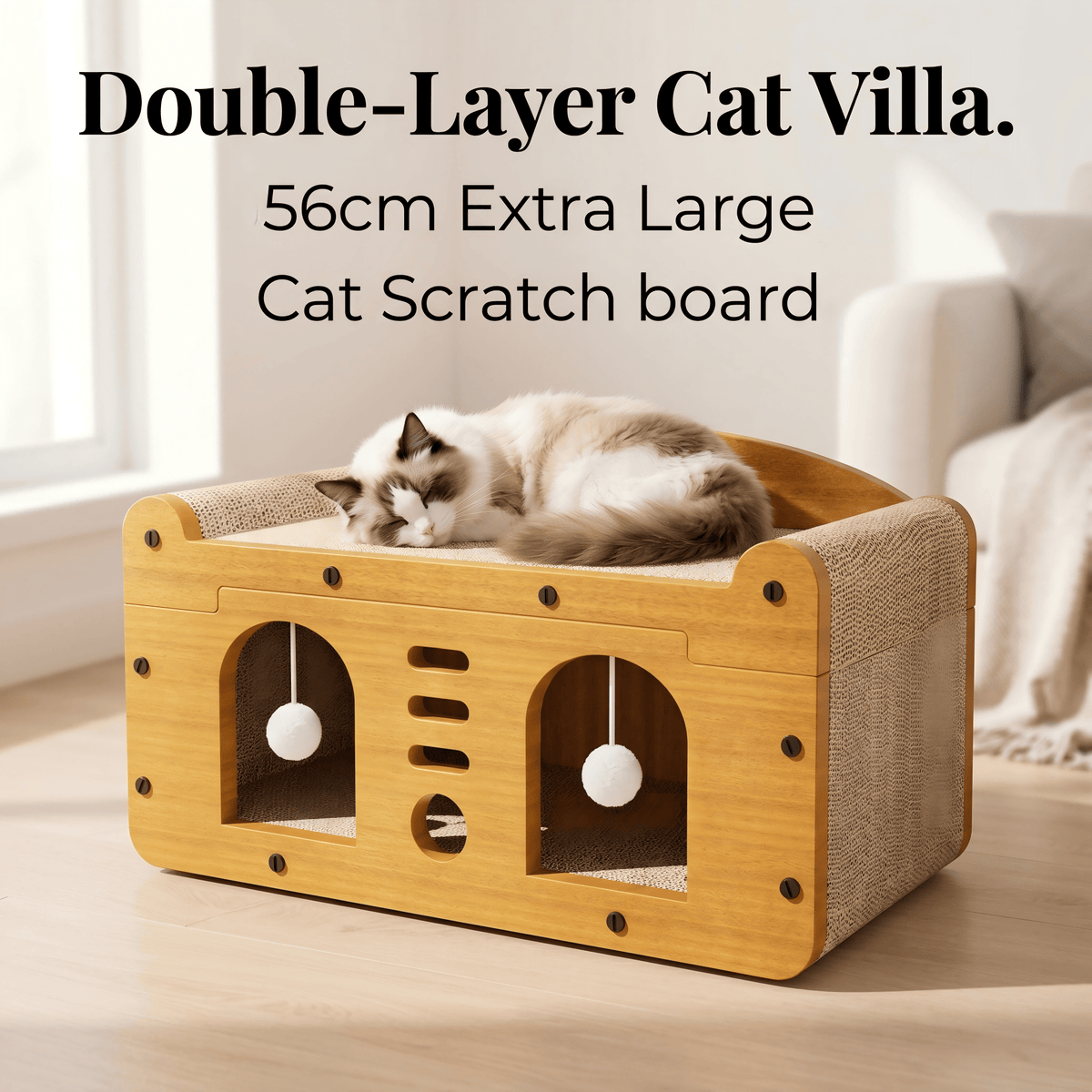 Multi-Style Double-Layer Cat Scratcher House, 2-Tier Large Cat Villa Bed With Corrugated Cardboard, Interactive Hanging 