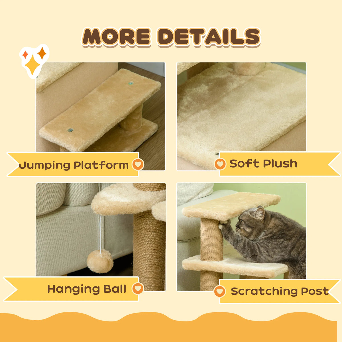 Cat Stairs Pet Steps for Couch Bed with Scratching Posts Condo Ball Toy, 23.6" x 15.7" x 26", Beige