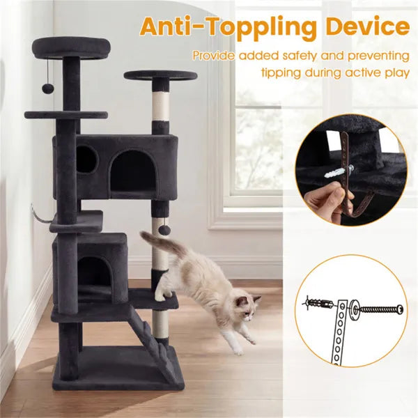 52" Tall Cat Tree Tower With Perches & Condos, Multi-Cat Playground With Scratching Posts (Dark Gray)