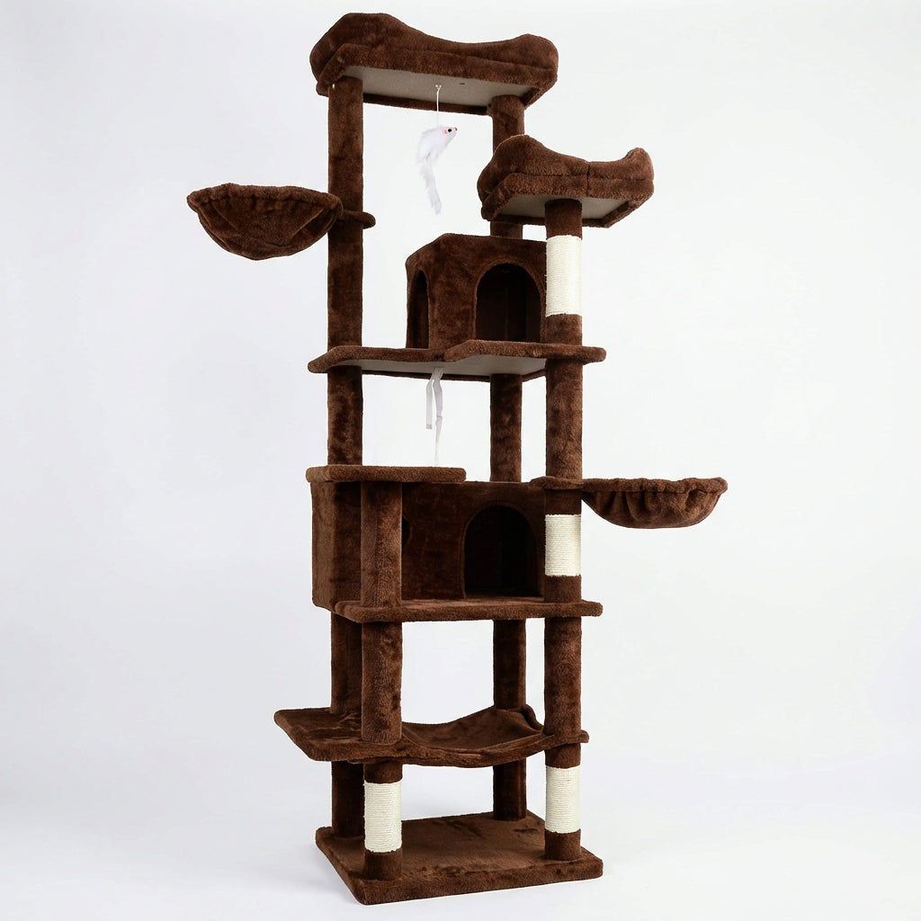 68in Tall Multi-Level Green Cat Tree with Hammocks, Hanging Basket, Cat Cave, Removeable Cushion, Scratching Posts - Plu