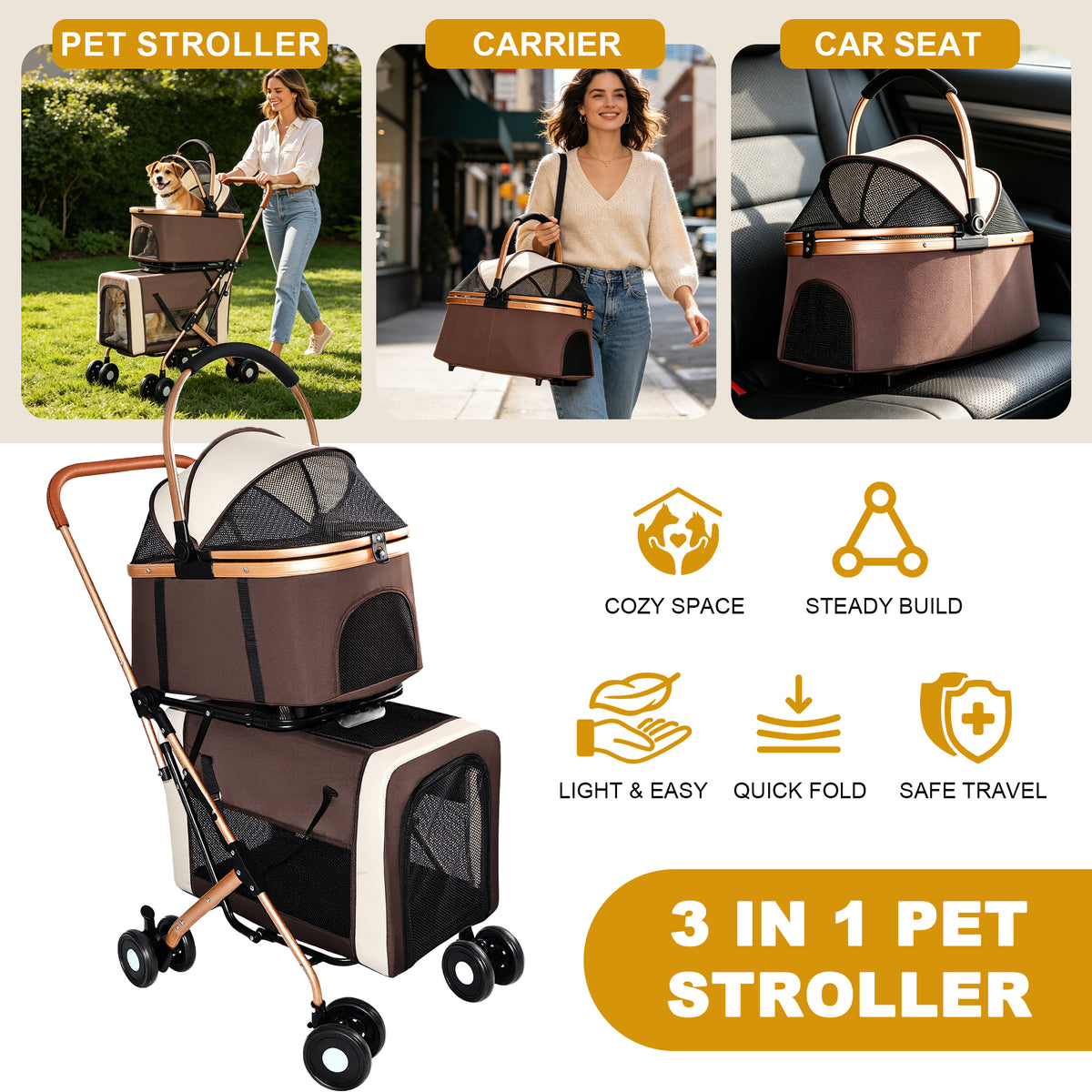 3-in-1 Double Pet Stroller For Small Medium Dogs Cats, Foldable Frame Convertible Pet Carrier Tote, Shockproof Wheels Wi