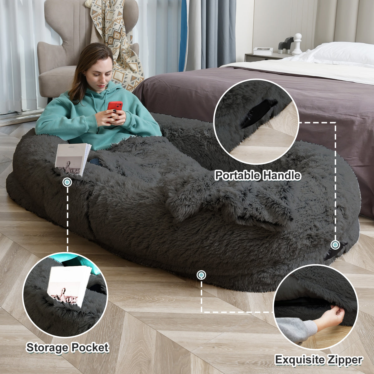 Human Dog Bed - 63 In X 31.4 In X 9.5 In Washable Faux Fur Lounger For Adults & Pets, Cushion With Orthopedic Support, I