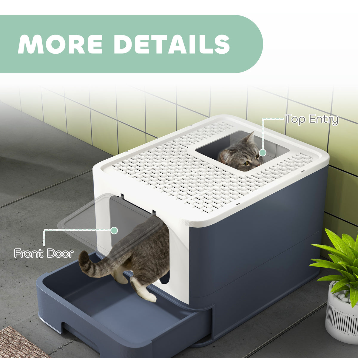 Cat Litter Box with Lid, Scoop, Front Entry, and Top Exit for Large Cats, White