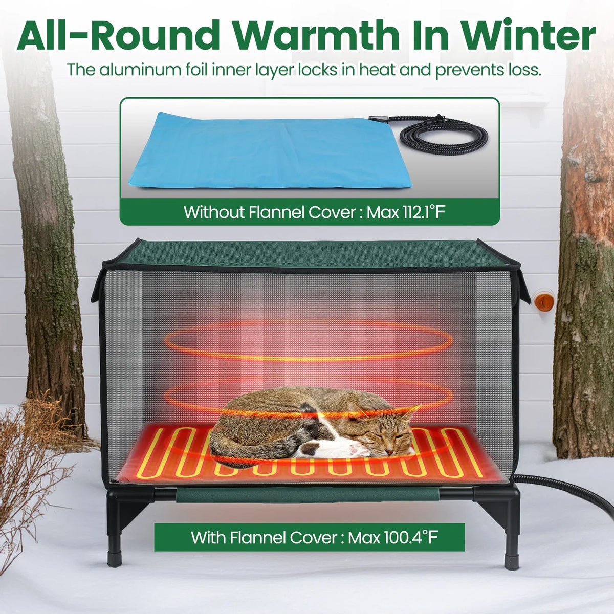 Waterproof Heated Cat House Outdoor Weatherproof Insulated Kitty Shelter Feral Cat Heating Bed with Heating Pad Anti-Che