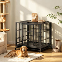 Heavy Duty Dog Crate , Mobile Pet Kennel with Lockable Wheels & Rotary Twist-Latch, Indoor Outdoor Metal Cage with Perfo