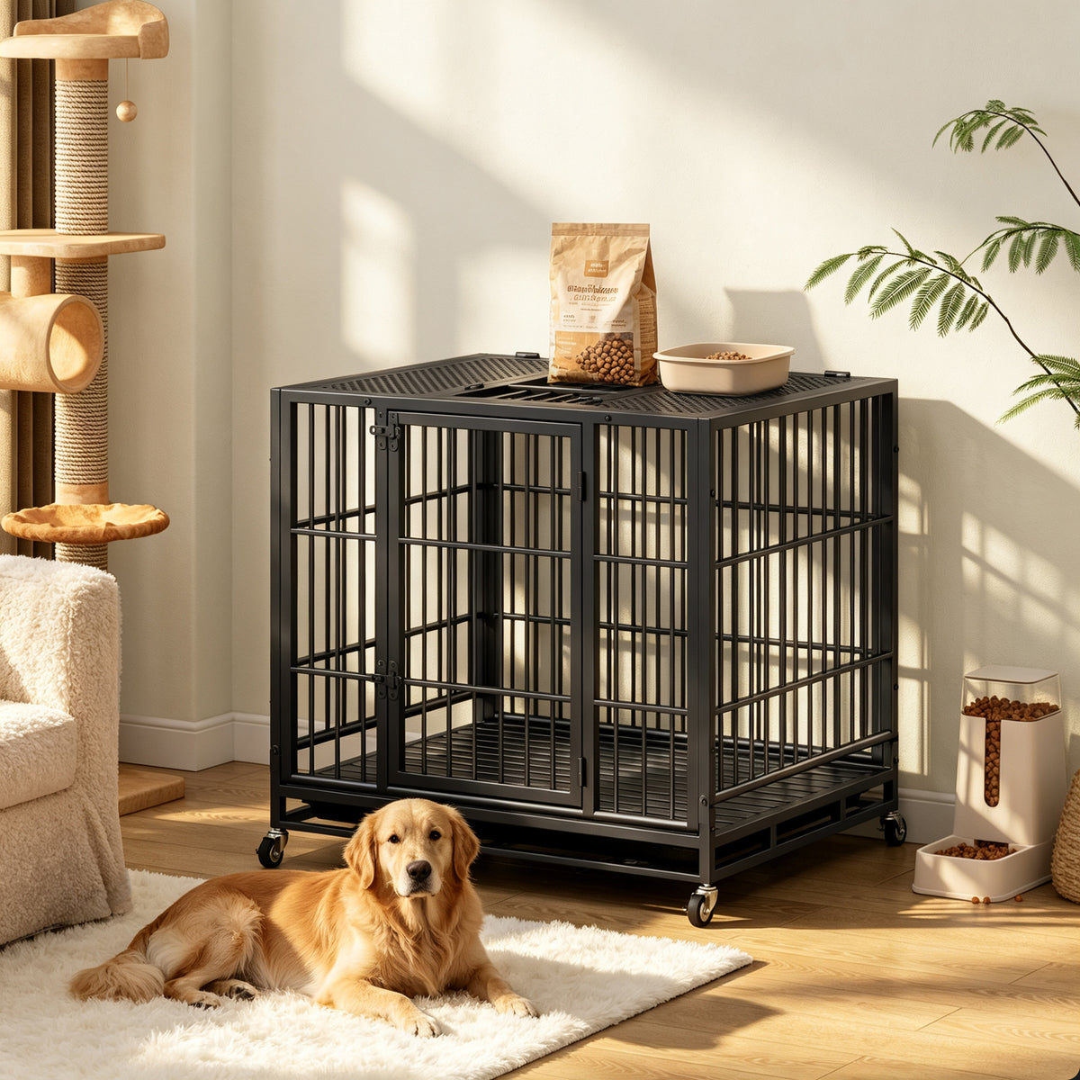 Heavy Duty Dog Crate , Mobile Pet Kennel with Lockable Wheels & Rotary Twist-Latch, Indoor Outdoor Metal Cage with Perfo