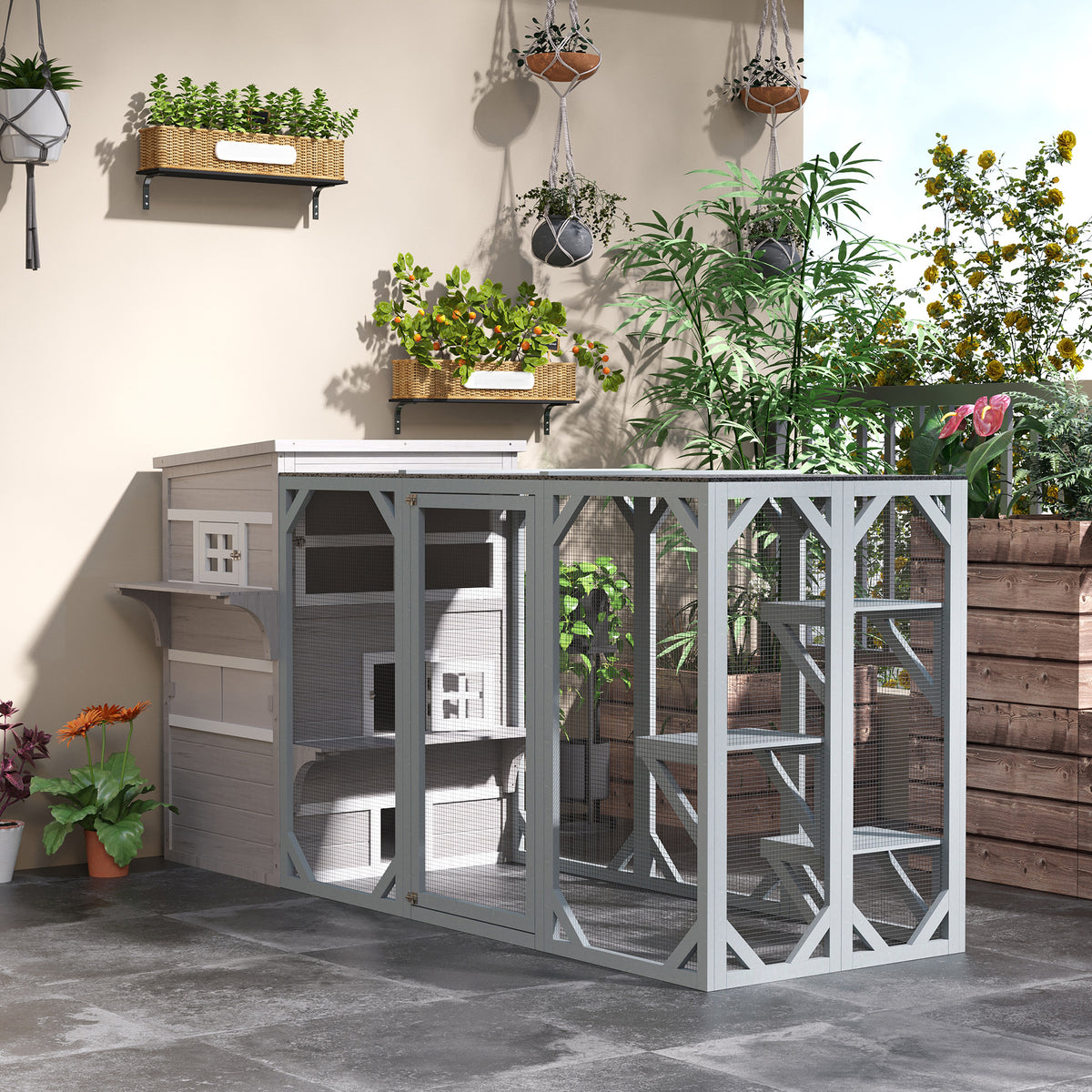 Outdoor Cat House, 3-Tier Kitty Shelter with 5 Escape Doors, Weather Resistant, Gray & White