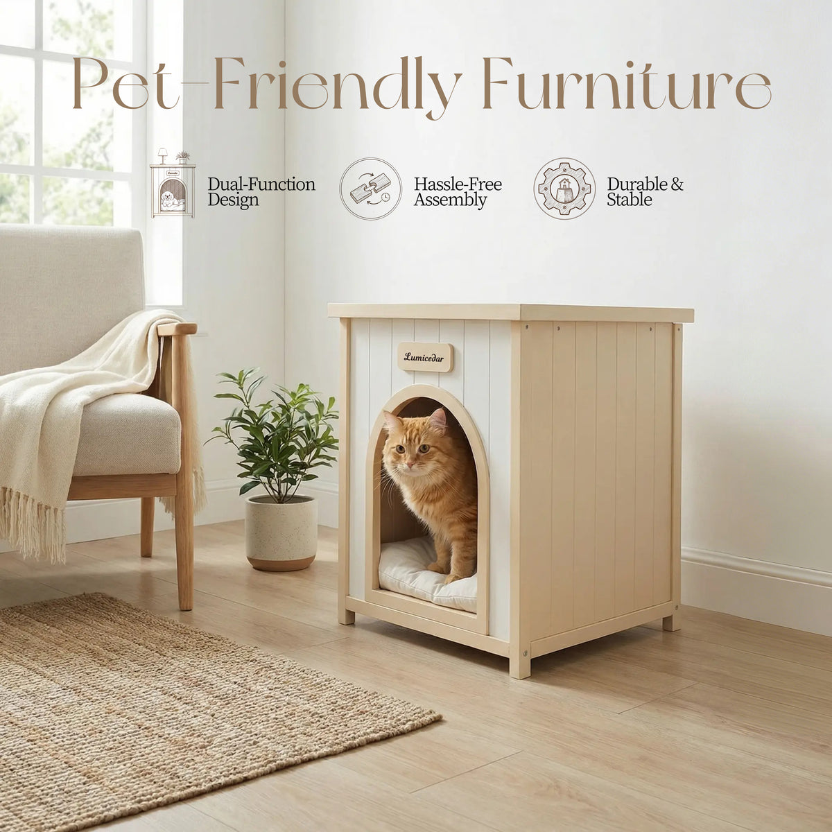 Modern Indoor Wooden Dog House with Removable Cushion – Solid Cedar Pet House for Small Dogs & Cats, Furniture-Grade Sca