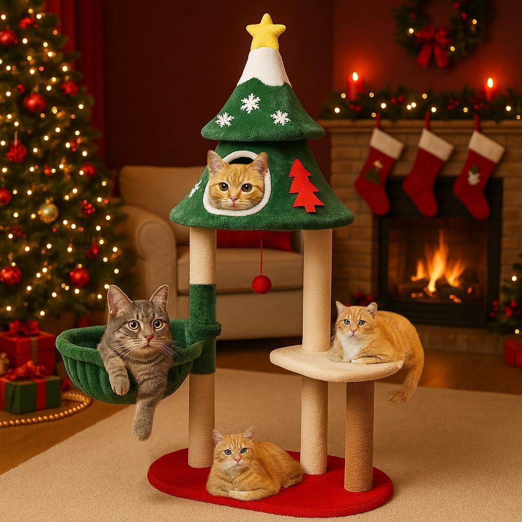 Christmas Cat Tree Tower with Houses – 48 & 52 Inch