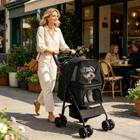 Foldable Pet Stroller for Small Dogs and Cats Under 28 lbs with Multi-Functional Tray, 2 Safety Leashes, Storage Basket 