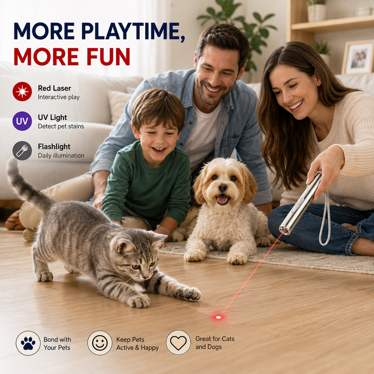 3-in-1 Pet Laser Pointer For Cats & Dogs,Cat Laser Pointer, USB Rechargeable Pet Toy With Red Laser, UV Light & LED Flas