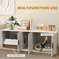 Cat Litter Box Enclosure with Double Room, Scratching Mat for 2 Cats, 57" x 19" x 20", White