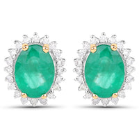 2.66 Carat Genuine Zambian Emerald and White Diamond 14K Yellow Gold Earrings