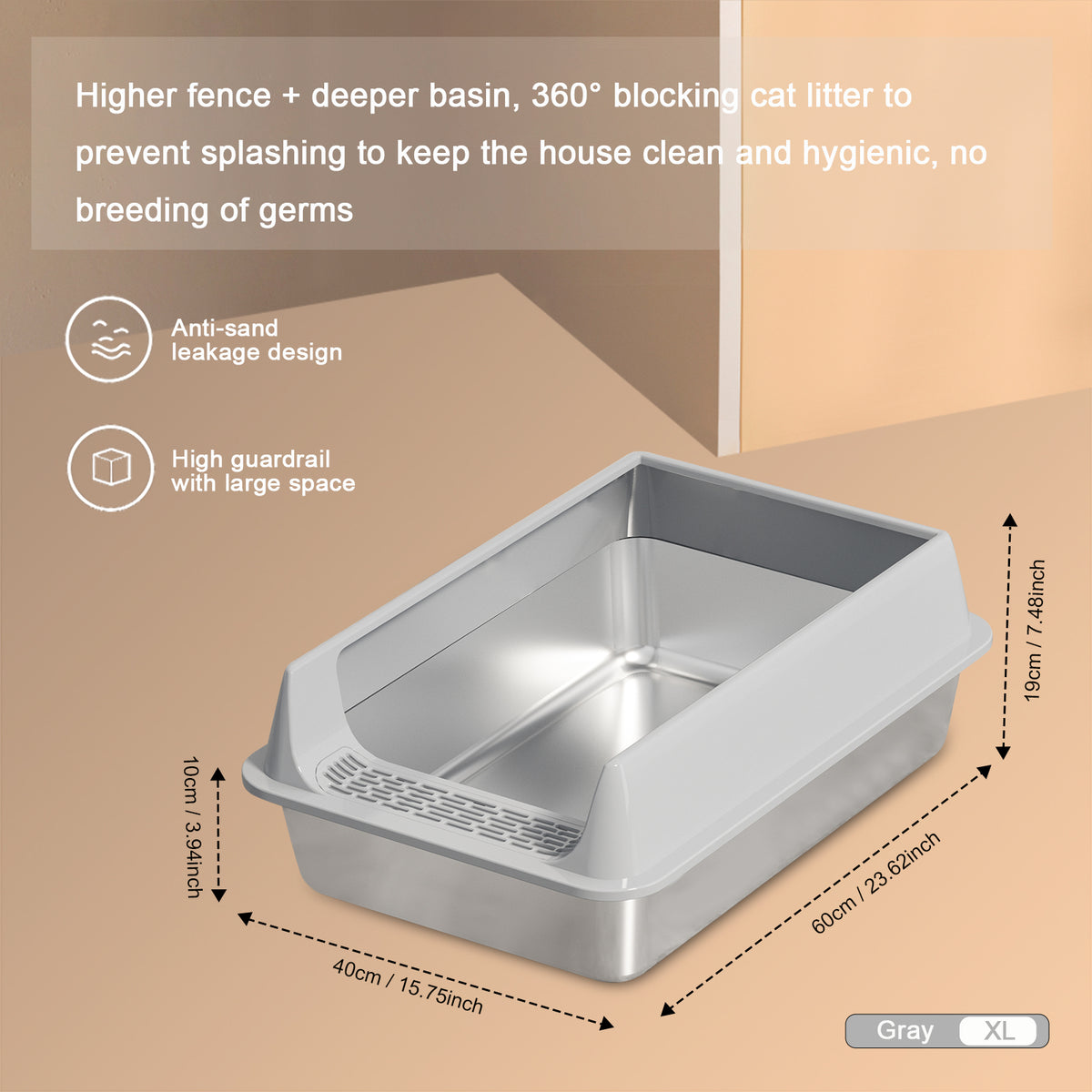 Oversized Stainless Steel Litter Box, Semi-enclosed Splash-proof And Leak-proof Design, Removable Lid, Suitable For Big 