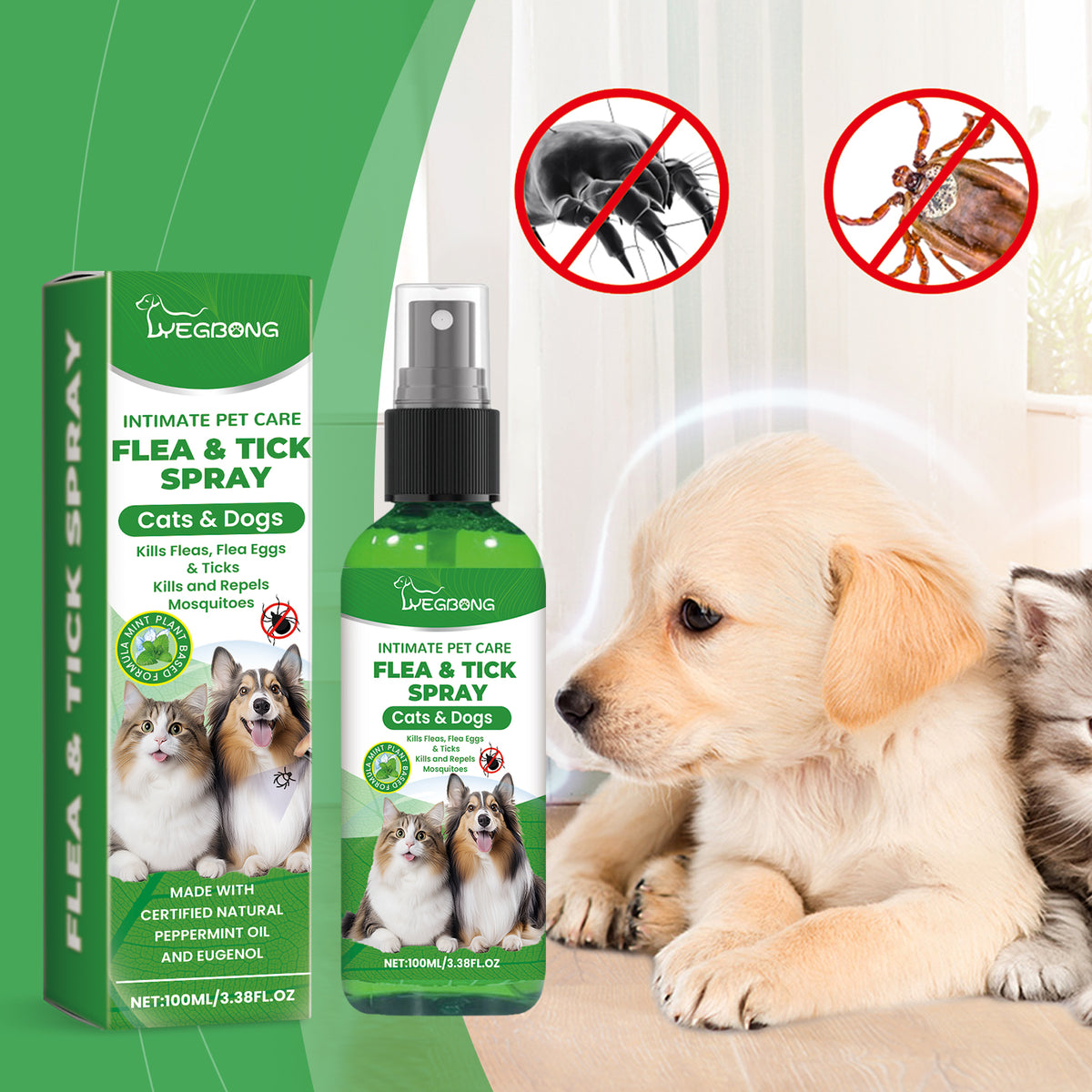 Natural Flea & Tick Spray For Dogs & Cats, Plant-Based Pest Repellent Kills Fleas, Ticks, Lice & Mites