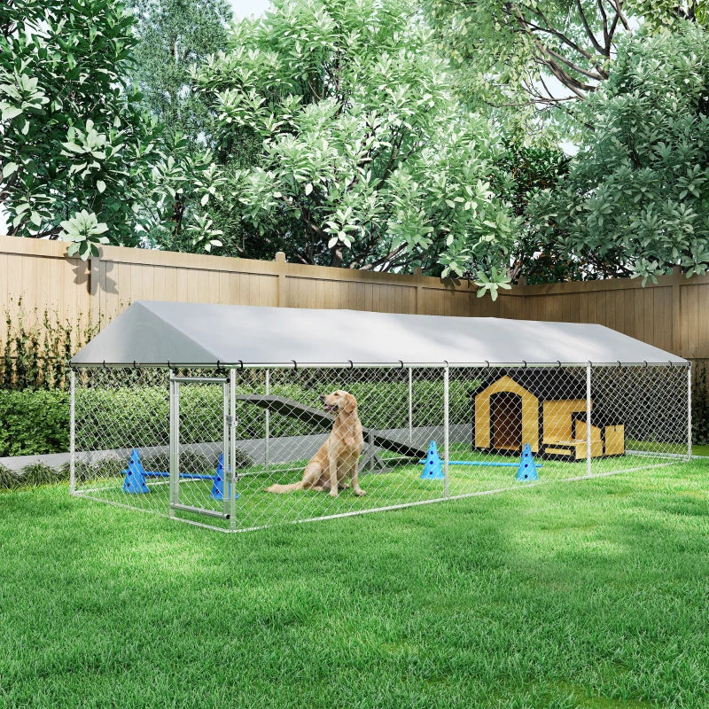 PawHut 20' X 7.5' X 5' Dog Kennel Outdoor For Large Dogs With Waterproof Roof, Silver,For Multiple Parcels Of Goods, Ple