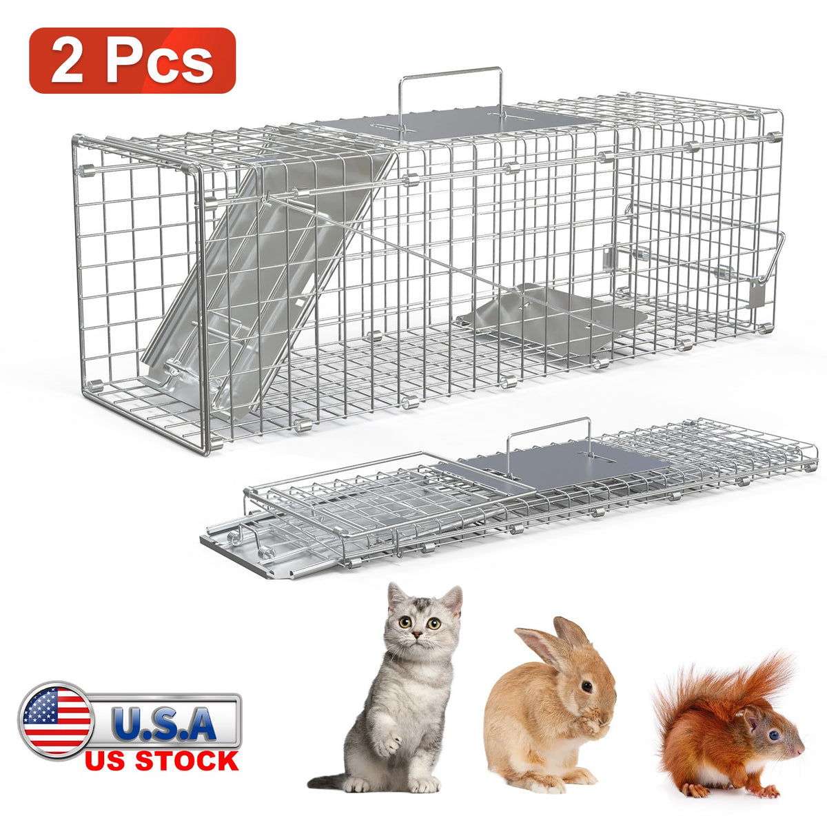 2Pcs 24X7.48X8.27IN Folding Humane Live Animal Trap Cages Easy To Catch And Release Foldable Cat Trap Galvanized Steel F