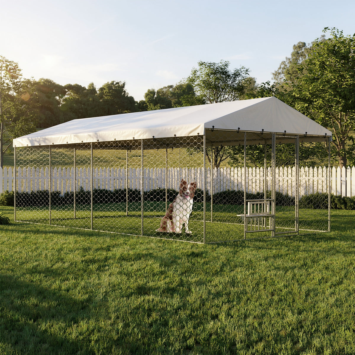 20x10 FT Large Outdoor Dog Kennel with Canopy, Heavy Duty Galvanized Steel Frame, Waterproof Cover, Built-in Elevated Fe