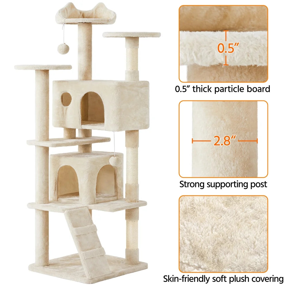 Ultimate 70" Double Condo Cat Tree with Scratching Posts - Creamy Comfort for Your Feline Friends! - BIG FRENCHIES