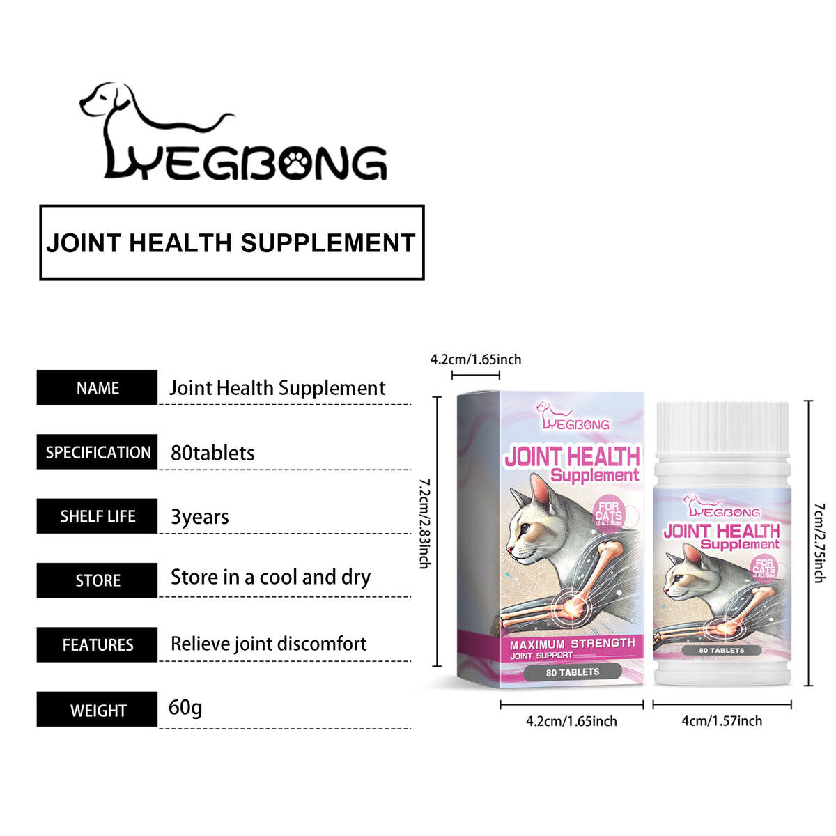 Cat Joint Health Support Tablets, Glucosamine Joint Supplement For All Breeds & Sizes Cats, 80 Count Joint Care Chewable