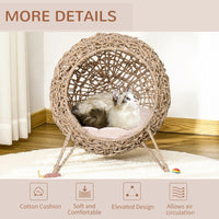Weaved Cat Bed, Elevated Hand-woven Braided Banana Leaf Kitten House Condo With Cushion, Beige