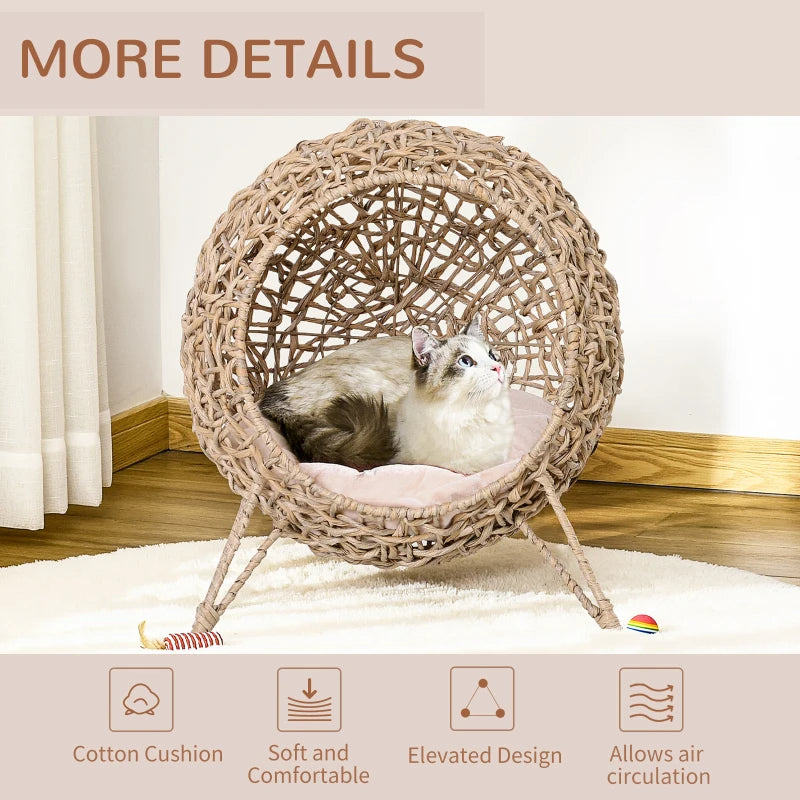 Weaved Cat Bed, Elevated Hand-woven Braided Banana Leaf Kitten House Condo With Cushion, Beige