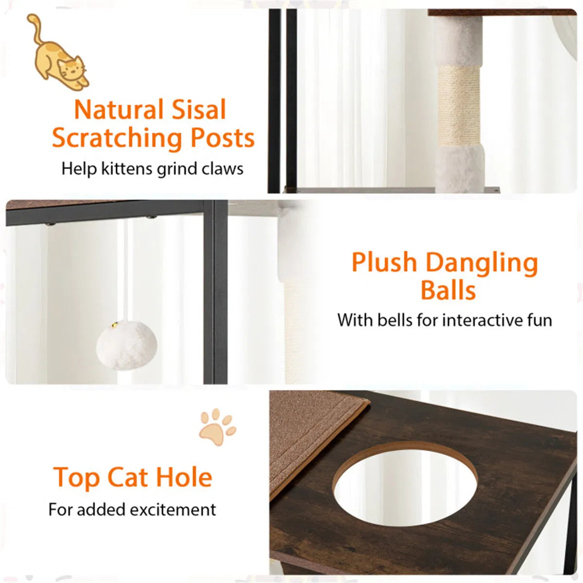 Stylish Wood-Metal Cat Tree - 33 lbs Per Layer Capacity, 2 Private Condos + 2 Relaxation Platforms, Complements Room Dec