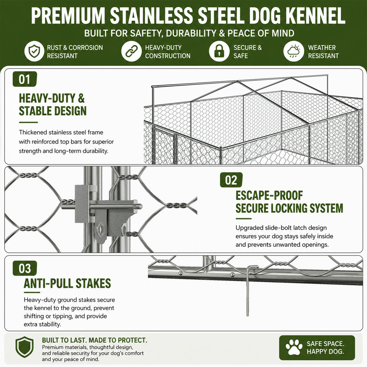 15x10 FT Large Outdoor Dog Kennel with Canopy, Heavy Duty Galvanized Steel Frame, Waterproof Cover, Built-in Elevated Fe