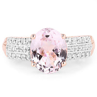 14K Rose Gold Plated 3.27 Carat Genuine Kunzite Oval and White Zircon .925 Sterling Silver Ring Ring