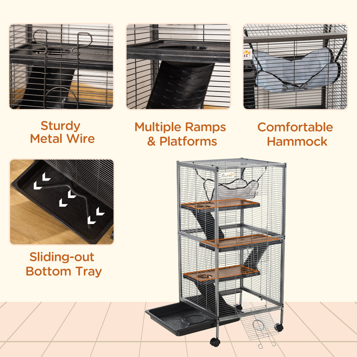 Metal Small Animal Cage Rolling Big Ferret Cage, Chinchilla Cage, Sugar Glider Cage, with Hammock & 4 Tiers, Removable T