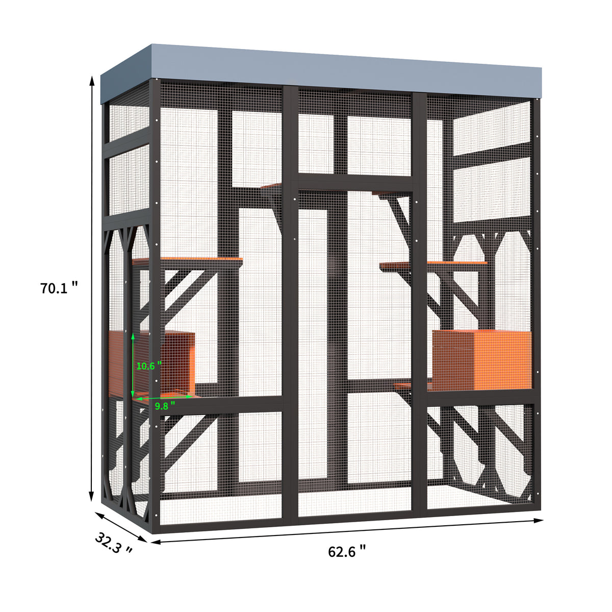 62.6" Black Wooden Catio for Cats, Large Cat Enclosure with Waterproof cover, 2 Napping House, Platforms & Galvanized Me