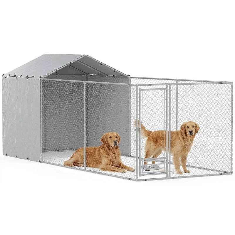 Galvanized Chain Link Large Outdoor Dog Kennel With Waterproof & UV-Resistant Cover, For M&L Dogs, 19.7' X 7.5' X 7.5',M