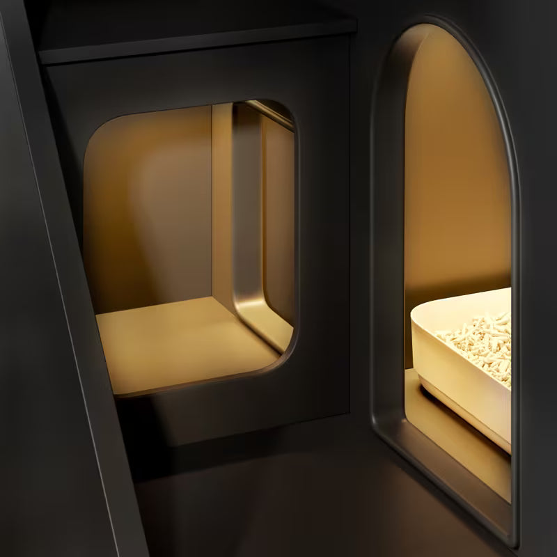 Litter Box Enclosure Cabinet with LED Light – 2-Drawer Cat House Side Table, White/Black/Gray