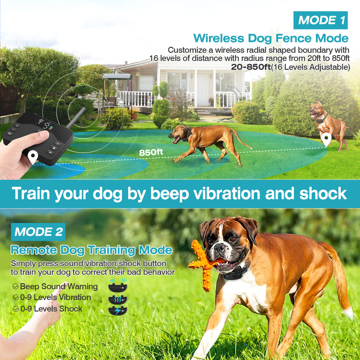 2 In 1 Wireless Electric Dog Fence Waterproof Pet Shock Boundary Containment System Electric Training Collar With 2 Rece