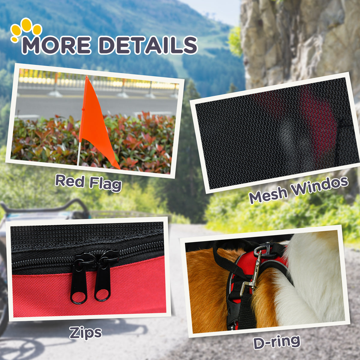 Dog Bike Trailer With Easy Folding Cart Frame, Large Wheels, 3 Entrances, Mesh Screen, For Dogs Within 44 Lbs, Red & Bla