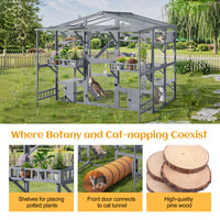 Large Outdoor Catio for 6-10 Cats, Pine Wood Cat Cage Outdoor with Weatherproof Roof, 6 Platforms, Climbing Ramp, 1 Rest